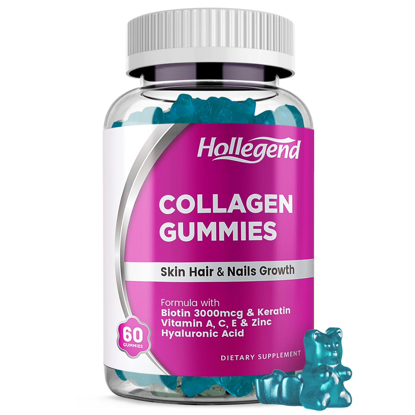 Collagen Gummies for Women & Men Anti Aging, Biotin, Vitamin A, C, E, Zinc, Hyaluronic Acid, Keratin, Skin Tightening, Hair & Nails Growth, Collagen Peptides Type 1&3, 60 Chewables
