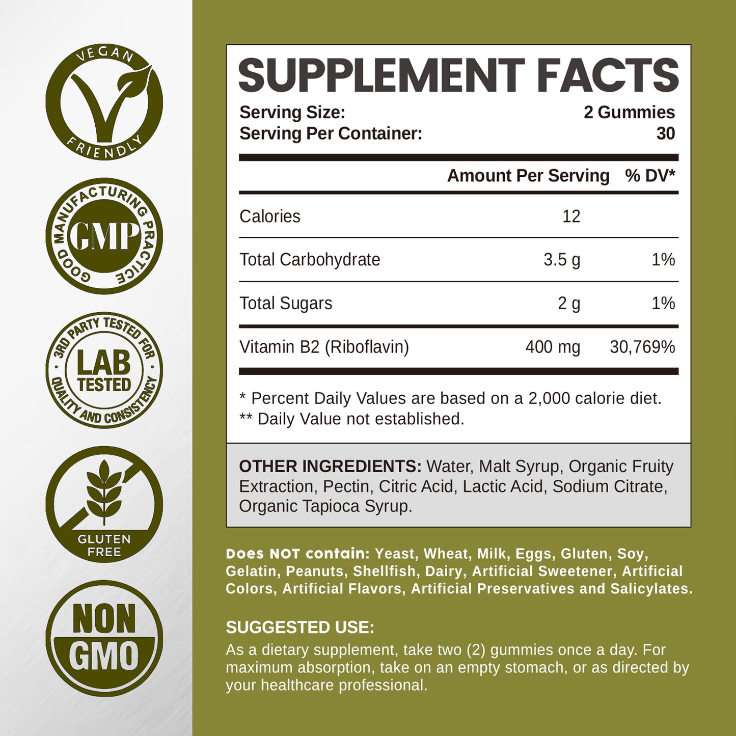 Vitamin B2 Gummies Riboflavin 400mg, B2 Vitamin Chewable Supplement for Migraine Relief, Vegan, Non GMO, Orange Flavor, 60 Count