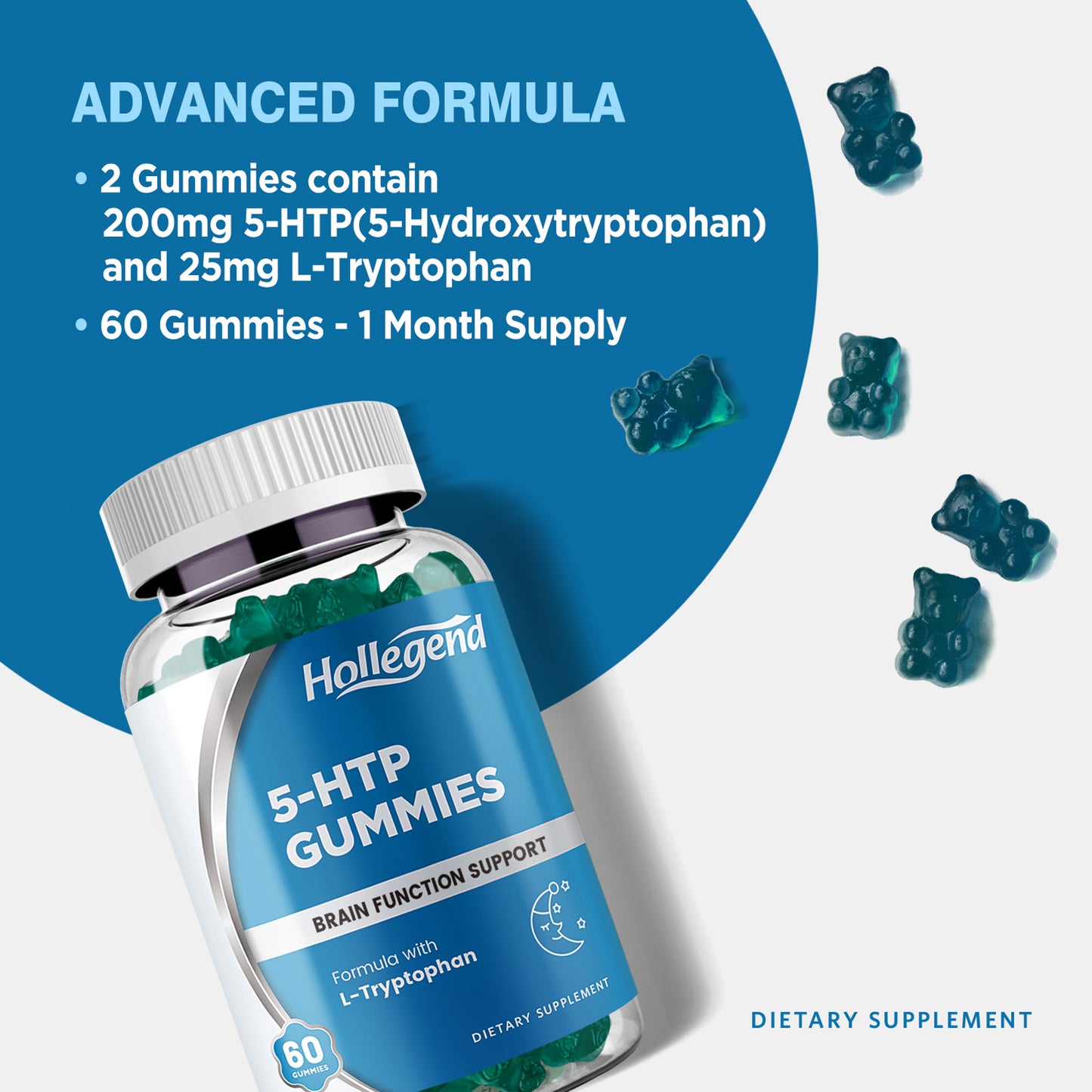 5-HTP Gummies 200mg, 5HTP & L-Tryptophan Supplements for Stress Relief, Brain Support, Blueberry Flavor, 60 Chewables