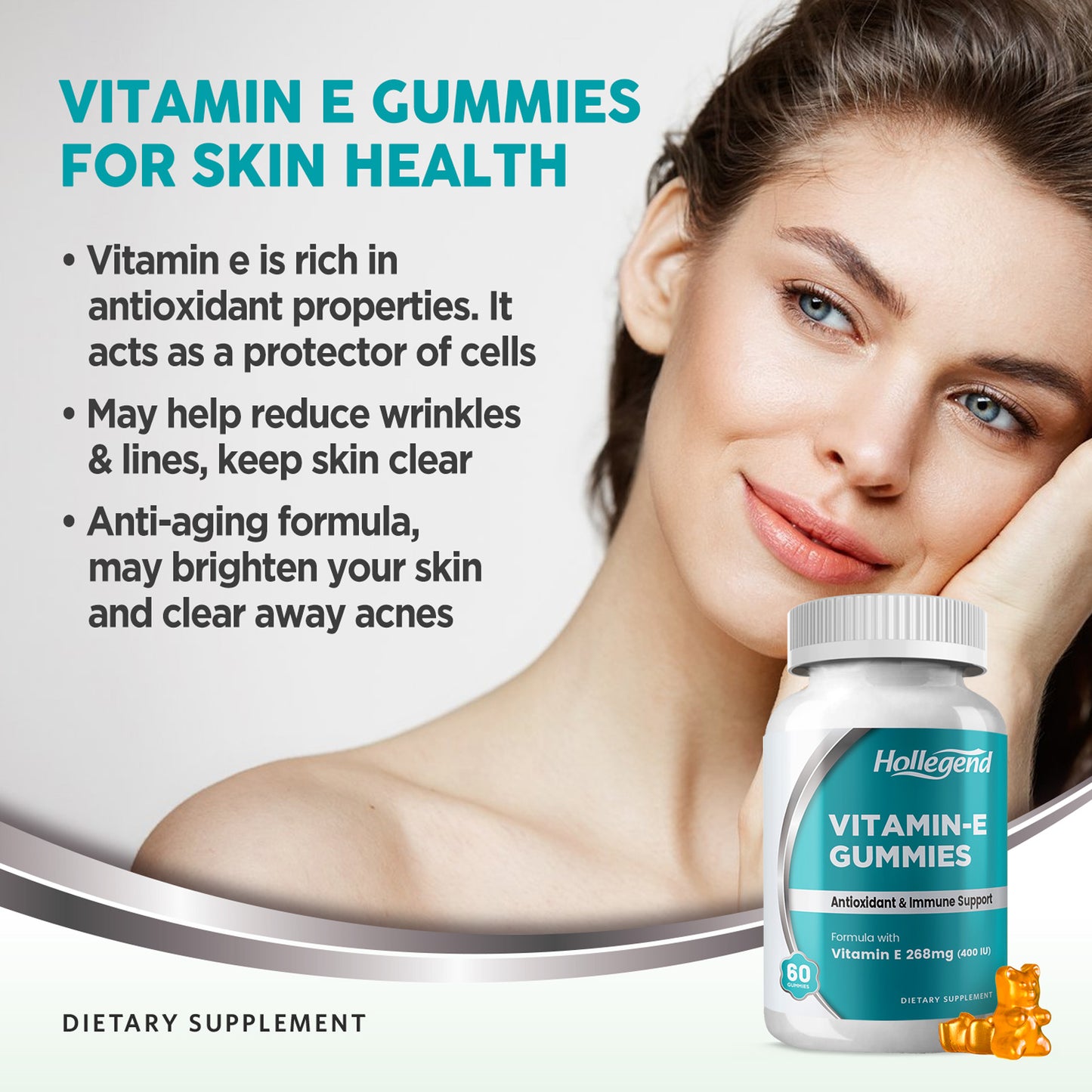 Vitamin E Gummies 268mg 400 IU, Natural Vitamin E Chewable Supplement for Adults, Women & Men, Skin & Immune Health, Antioxidant, Orange Flavor, 60 Count