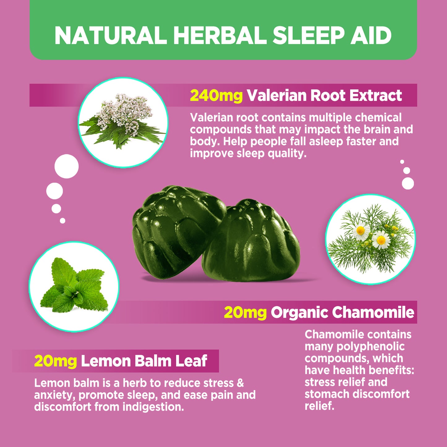 Valerian Root Gummies with Lemon Balm & Chamomile, Natural Sleep Support & Stress Relief Herbal Supplements, No Melatonin, Organic, Vegan, Non-GMO, 60 Chewables