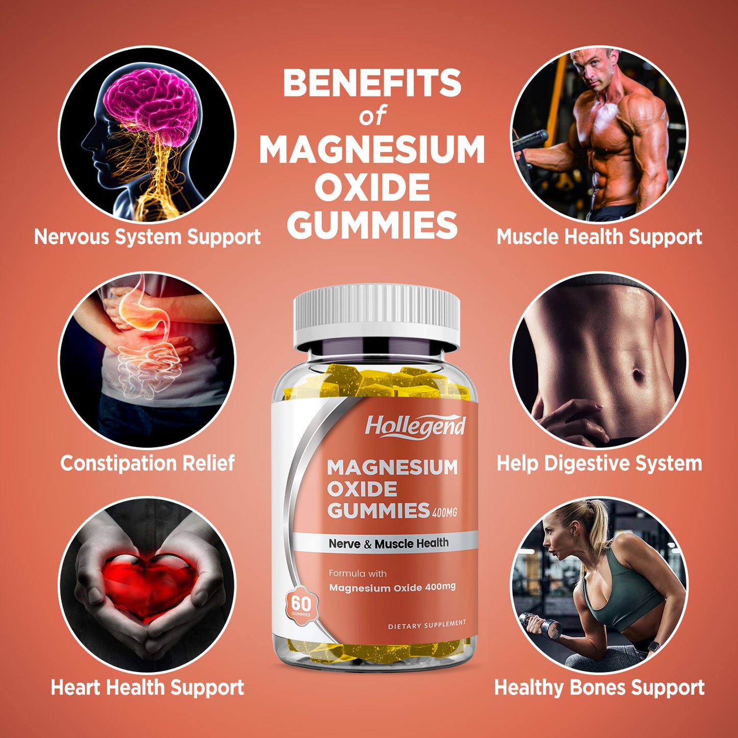Magnesium Oxide 400mg Gummies, Magnesium Oxide Chewable Supplement for Muscle, Nerve & Heart Health, Vegan, Pinapple Flavor, 60 Count