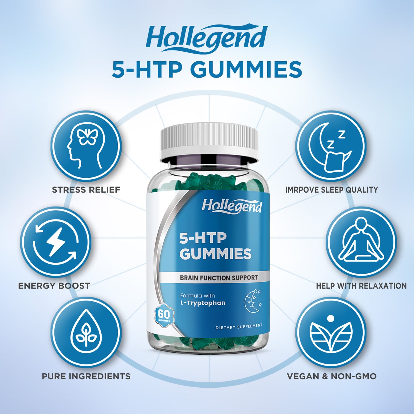 5-HTP Gummies 200mg, 5HTP & L-Tryptophan Supplements for Stress Relief, Brain Support, Blueberry Flavor, 60 Chewables