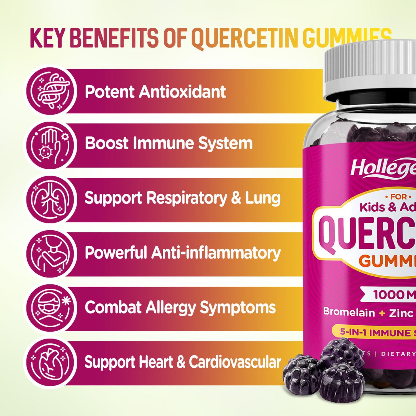 Quercetin Gummies for Kids and Adults, 1000mg Quercetin with Bromelain Vitamin C Zinc and Elderberry Supplement Organic, Chewable Gummies Vegan for Immunity Allergy Support, 60 Count