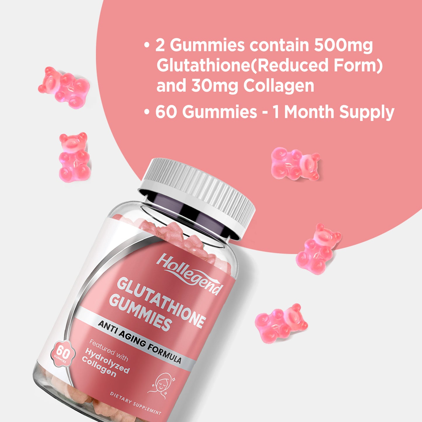 Reduced Glutathione 500mg Gummies, L-Glutathione with Collagen Chewable Supplements for Skin Care, Liver Support, Antioxidant, Immune System, 60 Count